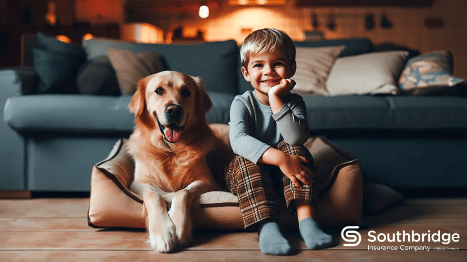 niño con su perro sentados en un sillón