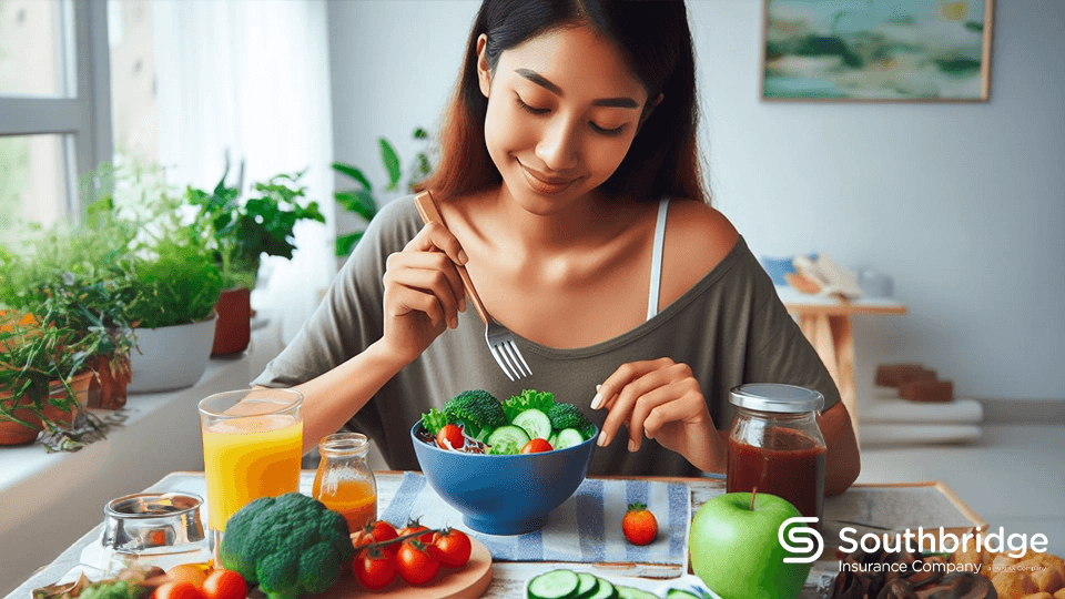 mujer comiendo ensalada