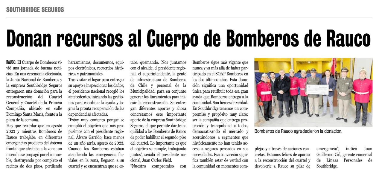 noticia de la donación de Southbridge a bomberos