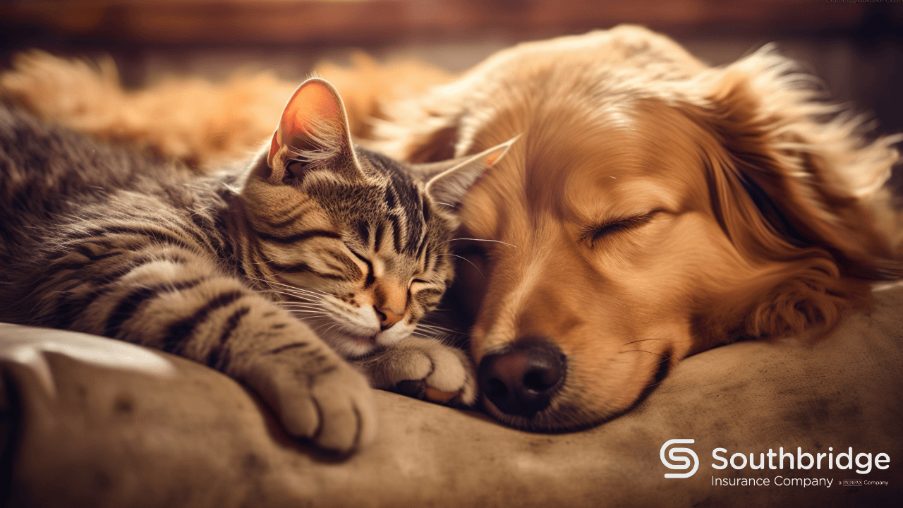Gato y perro duermen tranquilos ya que cuentan con un seguro de responsabilidad civil para mascotas