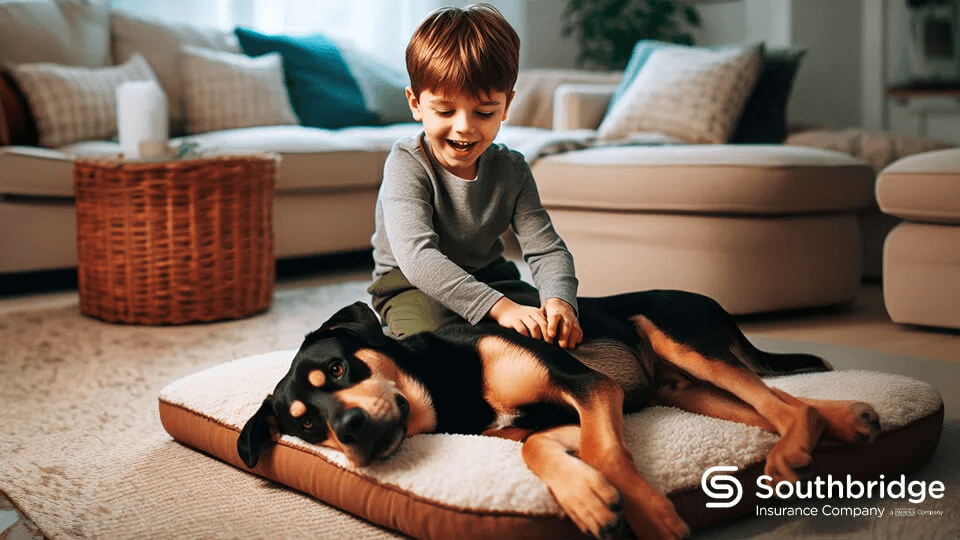 niño acariciando a su perro en el suelo