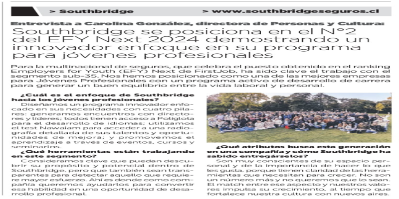 Southbridge se posiciona en el N°2 del EFY Next 2024 demostrando un innovador enfoque en su programa cara ióvenes profesionales